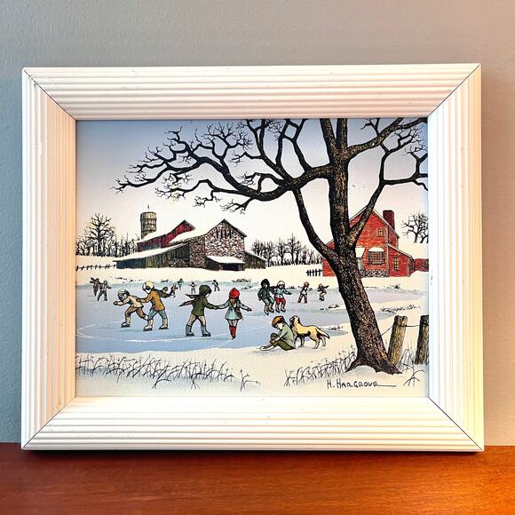 H. Hargrove The Ice Skating Pond Country Scene Framed Oil Painting Canvas Signed - Picture 8 of 15
